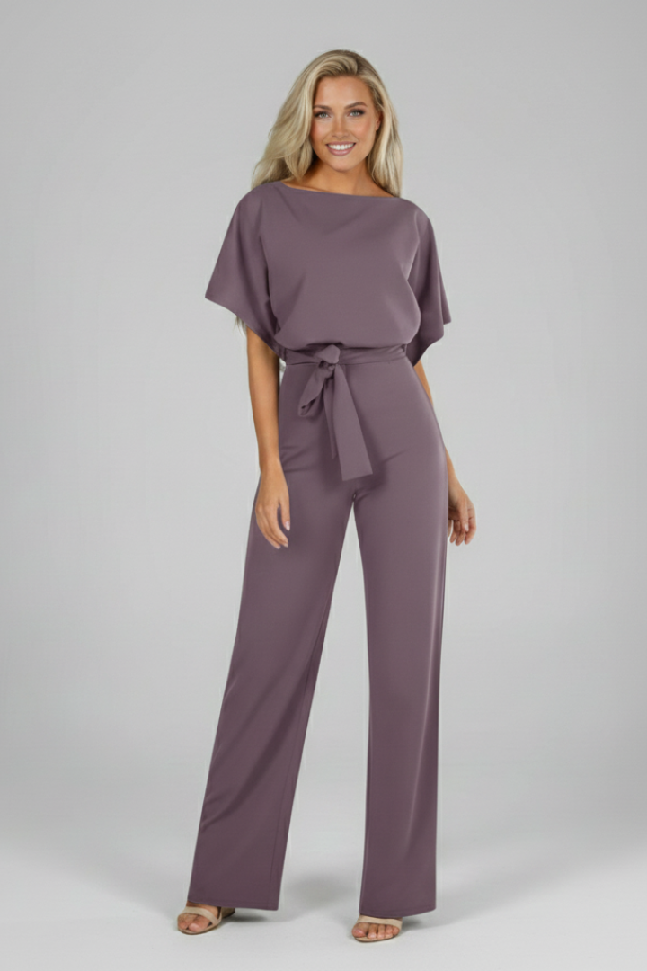 Stylish women's short sleeve jumpsuit with adjustable waist tie. A versatile, elegant, and casual one-piece.