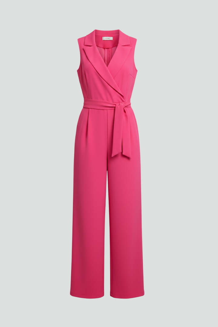 Women's chic sleeveless V-neck jumpsuit with tie waist & wide legs, perfect for summer fashion.