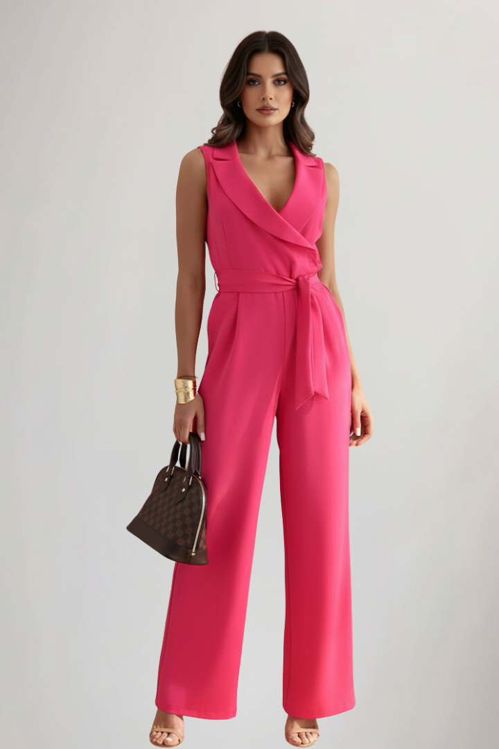 Elegant women's V-neck sleeveless jumpsuit, featuring a flattering tie waist & wide leg design.