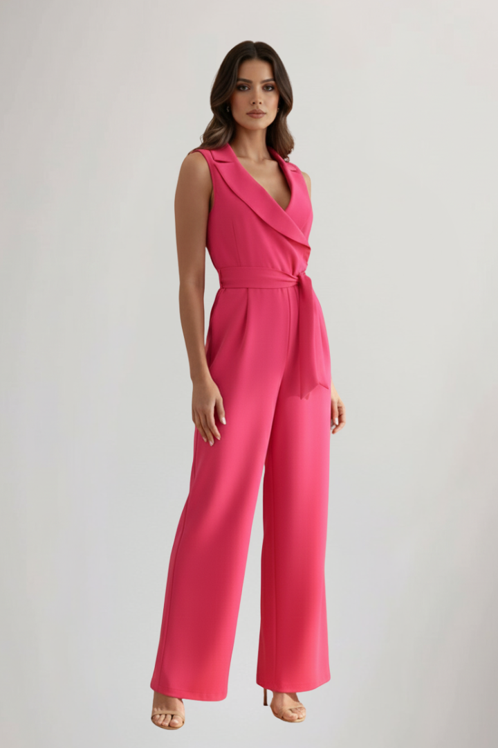 Stylish & versatile women's sleeveless V-neck jumpsuit with a tie waist, great for casual or elegant looks.