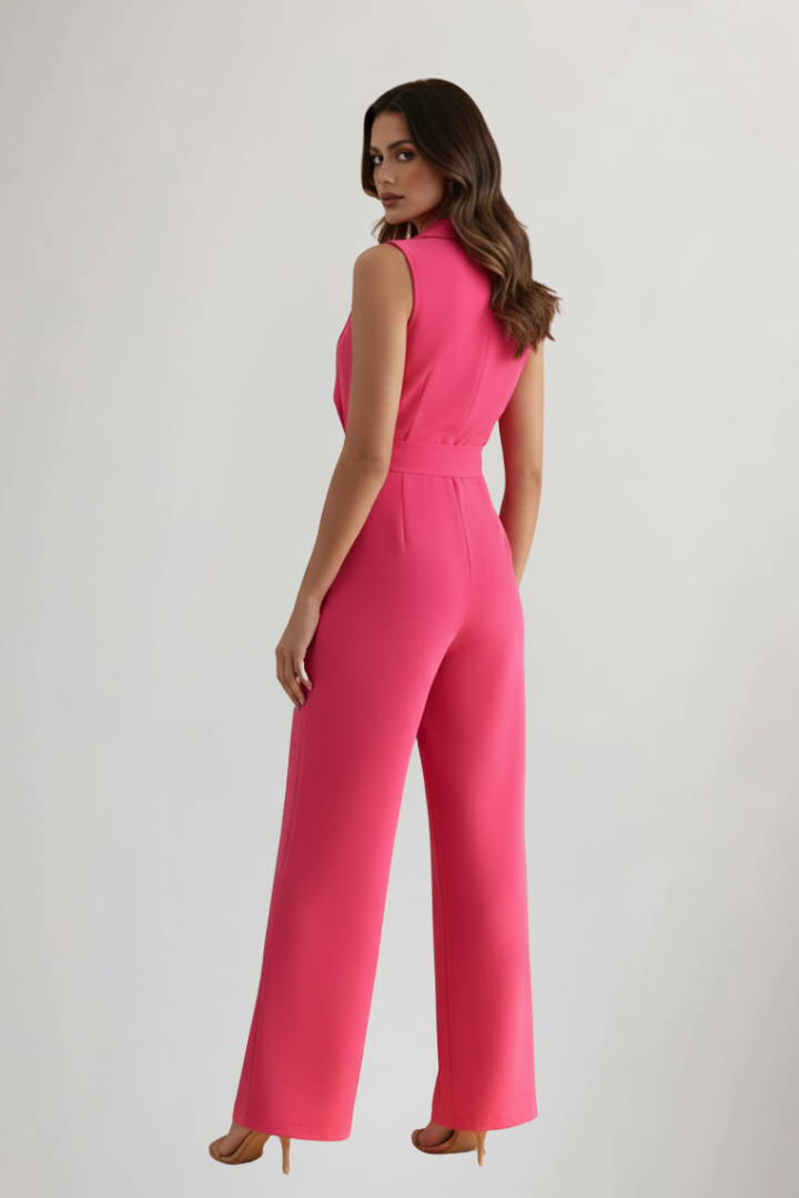 Spring/summer fashion: women's chic sleeveless V-neck jumpsuit, tie waist, wide leg for warm weather.
