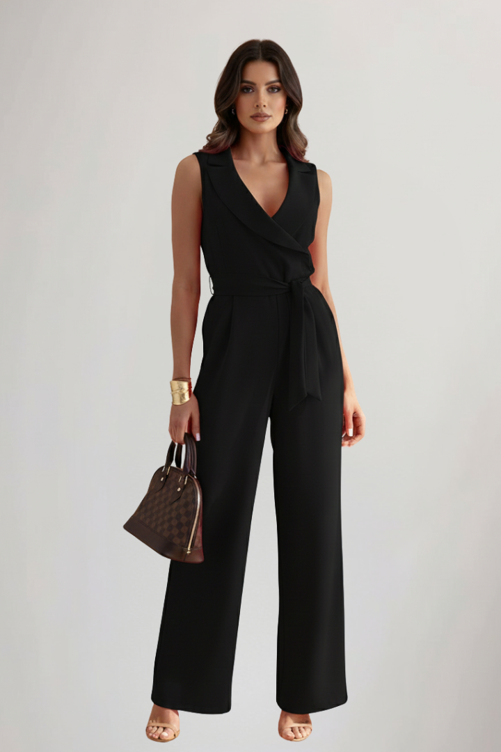 Fashionable women's one-piece: sleeveless V-neck jumpsuit with a stylish tie waist and wide legs.