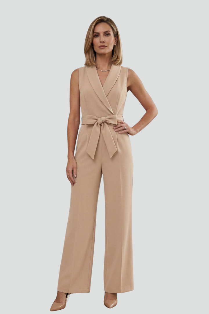 Modern women's sleeveless V-neck jumpsuit with a chic tie waist and wide leg, ideal for any occasion.