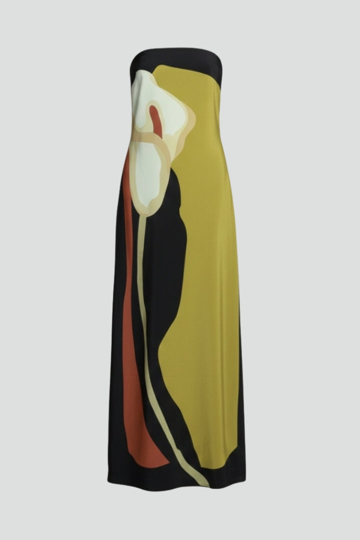 Women's chic strapless maxi dress with a vibrant abstract pattern, perfect for summer and vacation.