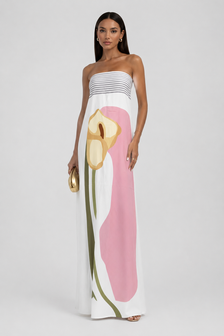 Modern abstract patterned strapless maxi dress for women, a stylish and versatile summer wardrobe piece.