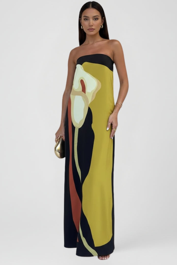Elegant patterned strapless maxi dress for women, ideal for beachwear or casual summer outings.