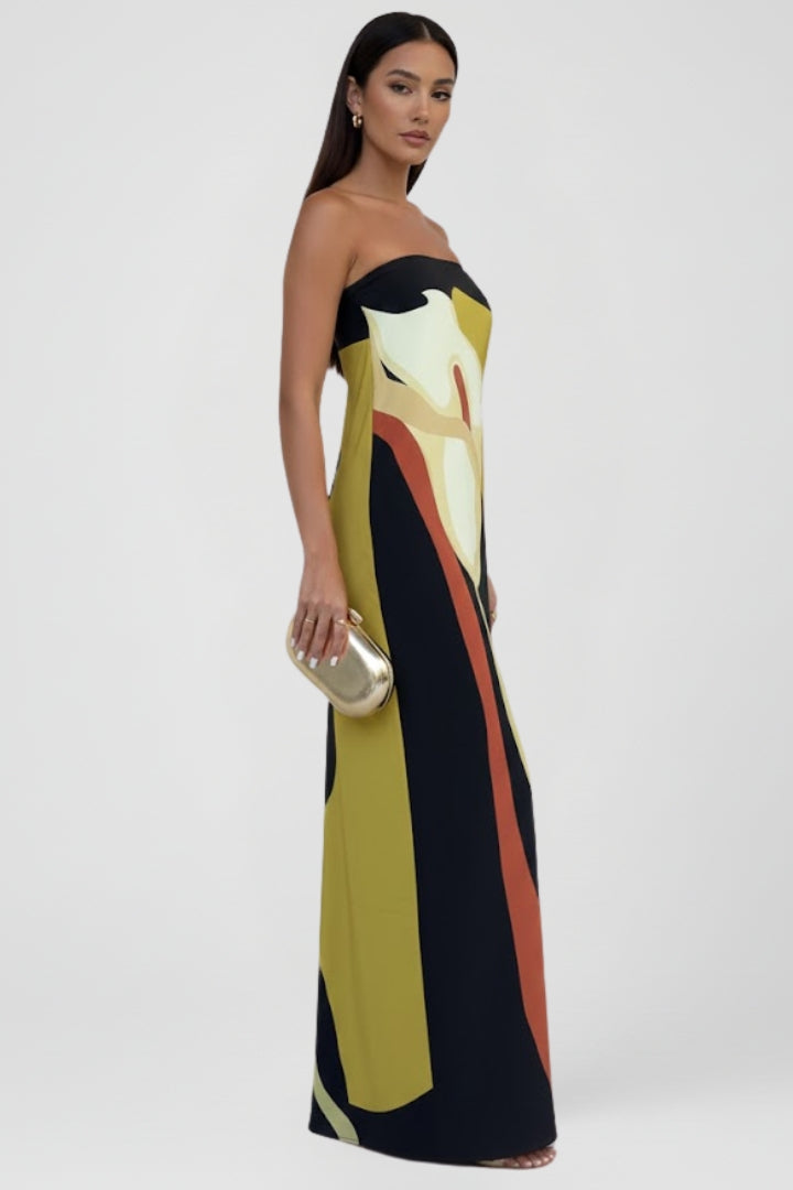 Colorful abstract print strapless maxi dress, a chic and comfortable summer outfit for women.