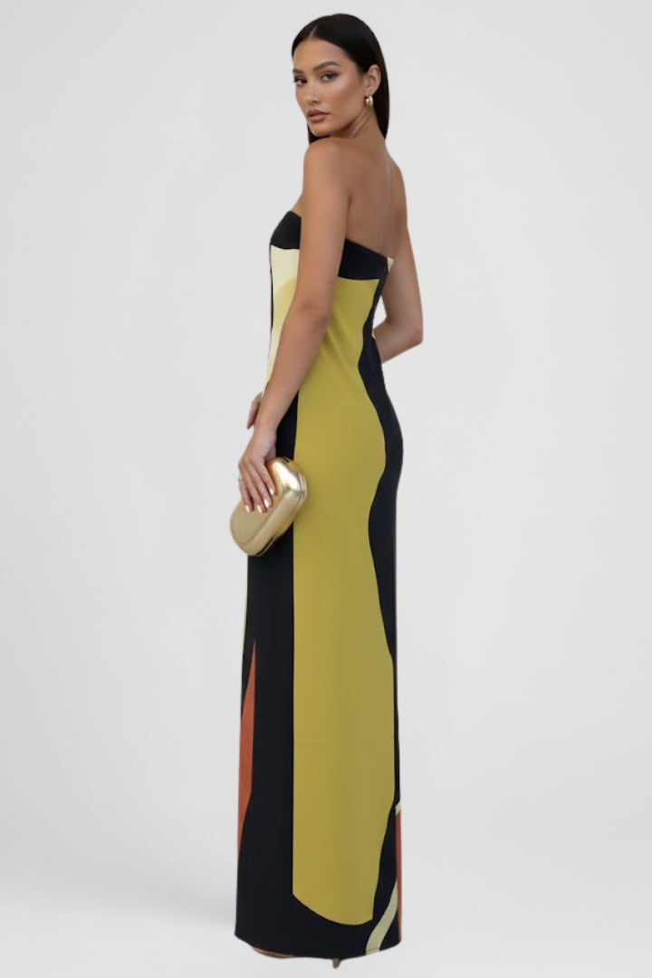 Women's patterned strapless maxi dress, a stylish and comfortable summer or vacation essential.