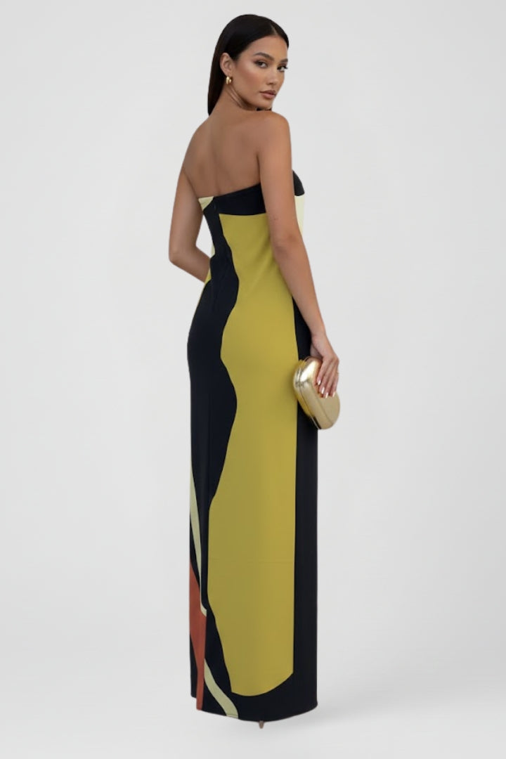 Strapless women's maxi dress featuring a unique abstract design, perfect for warm weather fashion.