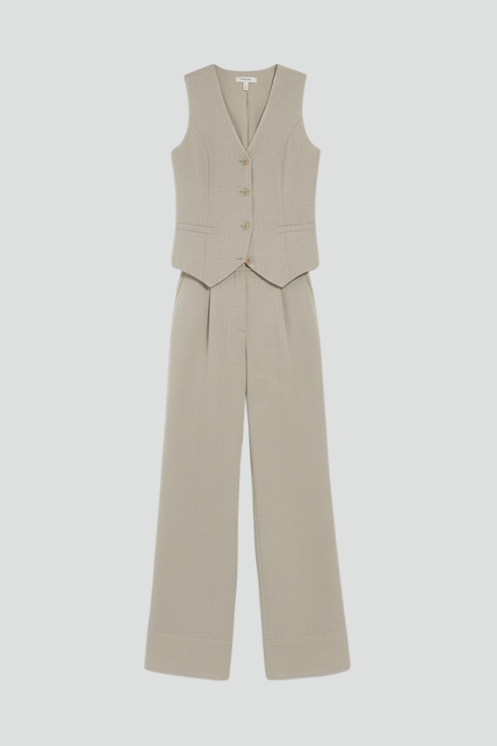 Women's chic two-piece set featuring a V-neck waistcoat and wide-leg pants. Perfect for business casual.