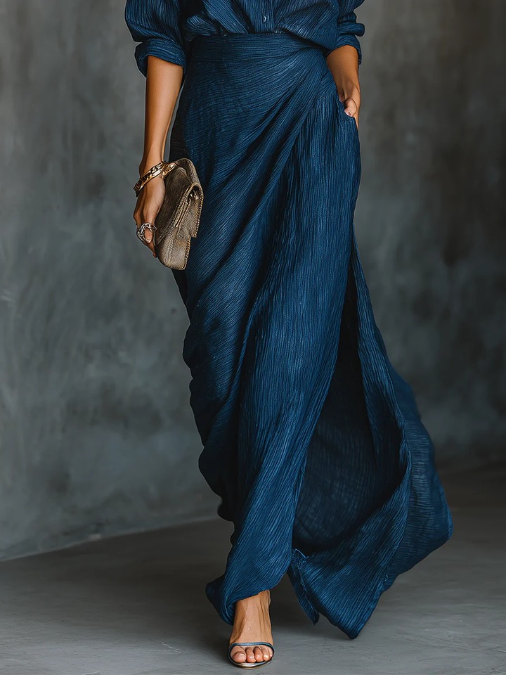 Elegant women's matching set featuring a versatile wrap top and a flowing maxi skirt for a chic, coordinated outfit.