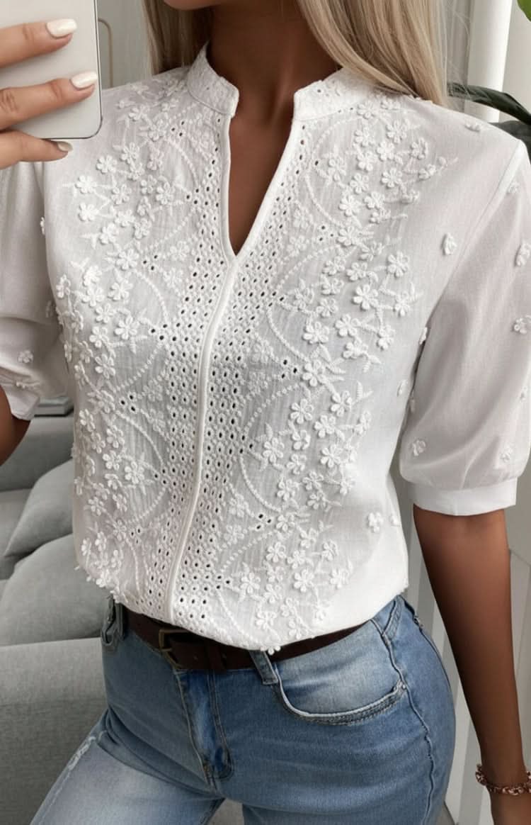 Chic V-neck blouse for women, offering an elegant & flattering fit for versatile office, casual, or evening wear.