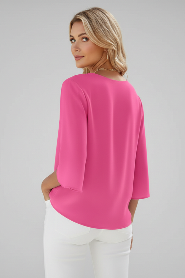 Elegant women's V-neck short sleeve blouse with a stylish chest pocket, ideal for chic everyday wear.