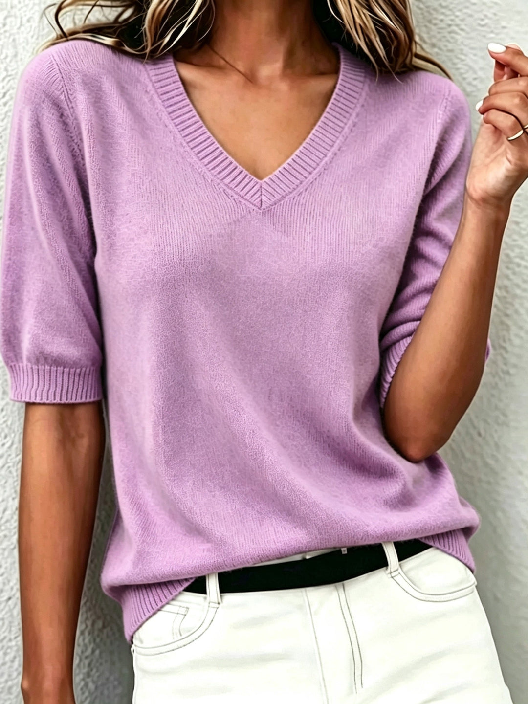 Women's chic V-neck short-sleeve sweater, perfect for smart casual office wear or everyday style.