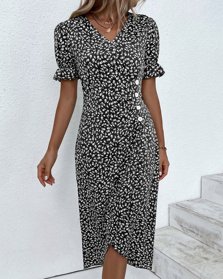 Chic & elegant women's V-neck wrap midi dress, short sleeve, perfect for summer style.
