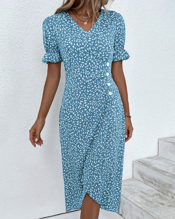 Flattering V-neck wrap midi dress for women, short sleeves, stylish summer casual wear.