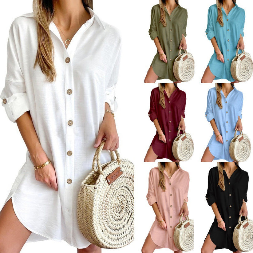 Fashion-forward women's button-up shirt dress, a comfortable and versatile casual dress.