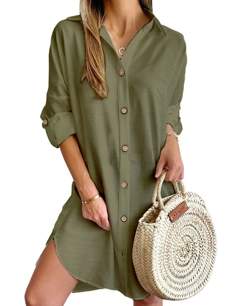 Summer outfit: Women's button-up shirt dress, a trendy and comfortable modern dress.