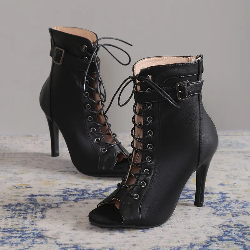 Lace-up open-toe black heels for women, perfect for parties and formal events.