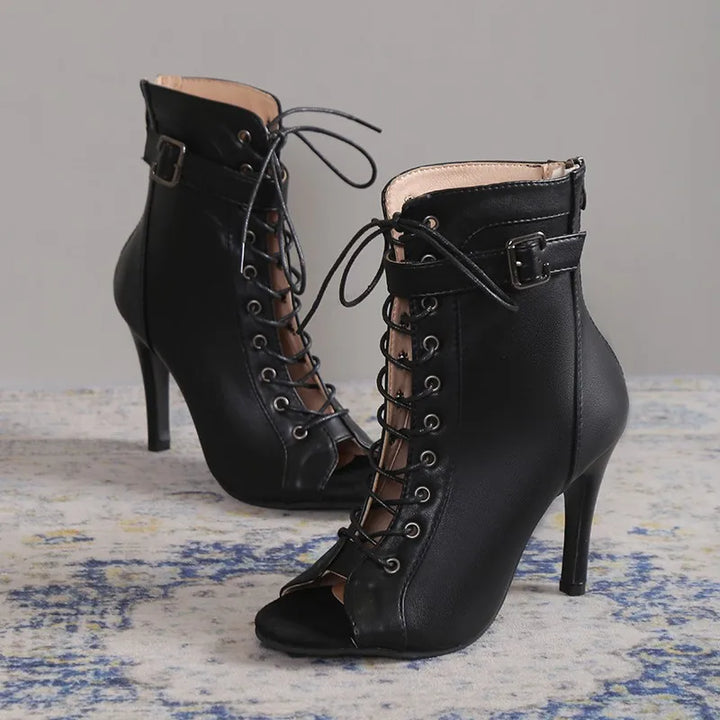 Lace-up open-toe black heels for women, perfect for parties and formal events.