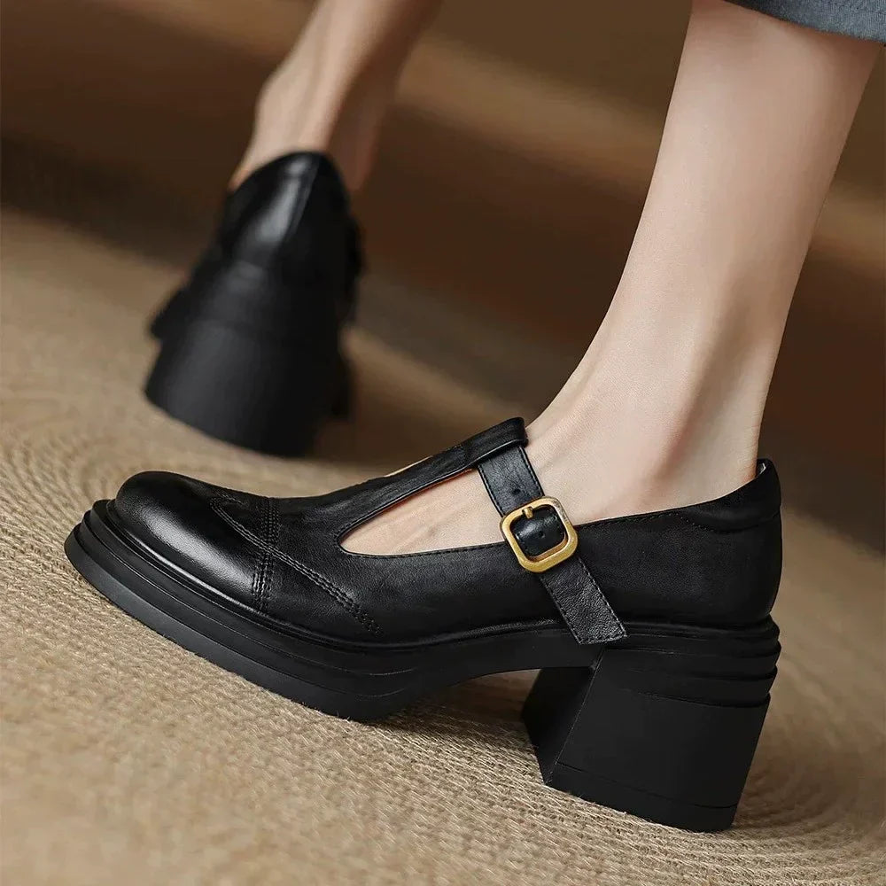Women's classic black leather T-strap block heels, comfortable and stylish for workwear