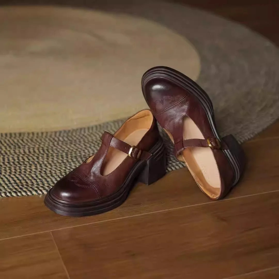 Timeless T-strap block heels in premium leather, perfect for casual chic or office attire