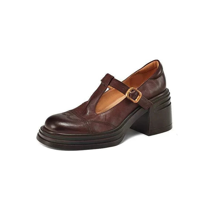 Close-up of a women's T-strap block heel showing rich leather texture and sturdy design