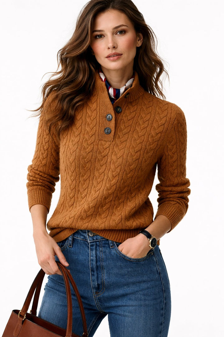 Women's classic cable knit button-neck pullover sweater. Cozy long sleeve top, perfect for fall and winter.