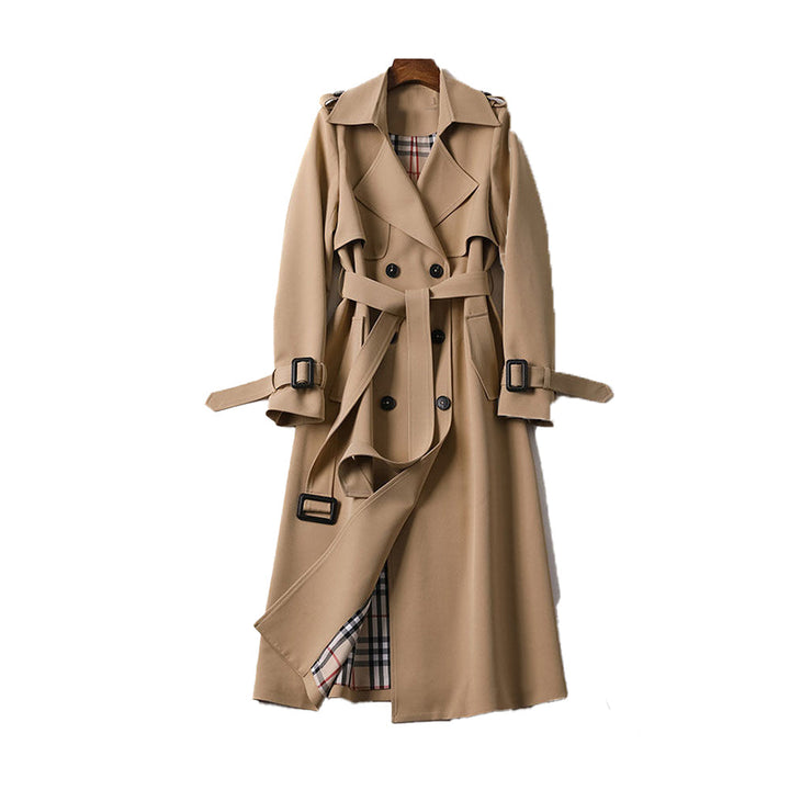 Women's classic double-breasted long trench coat with belt, perfect for fall and winter fashion.