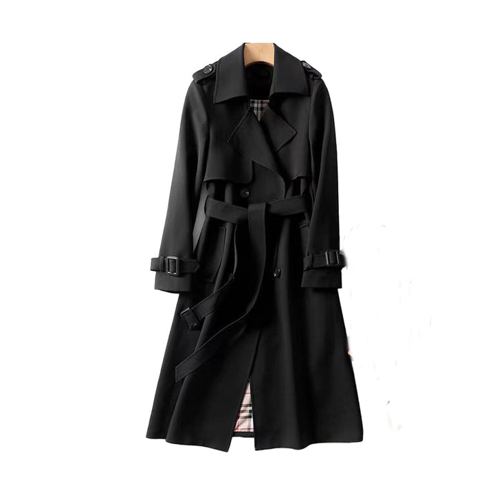 Elegant women's belted trench coat in a long length, double-breasted design, ideal outerwear.