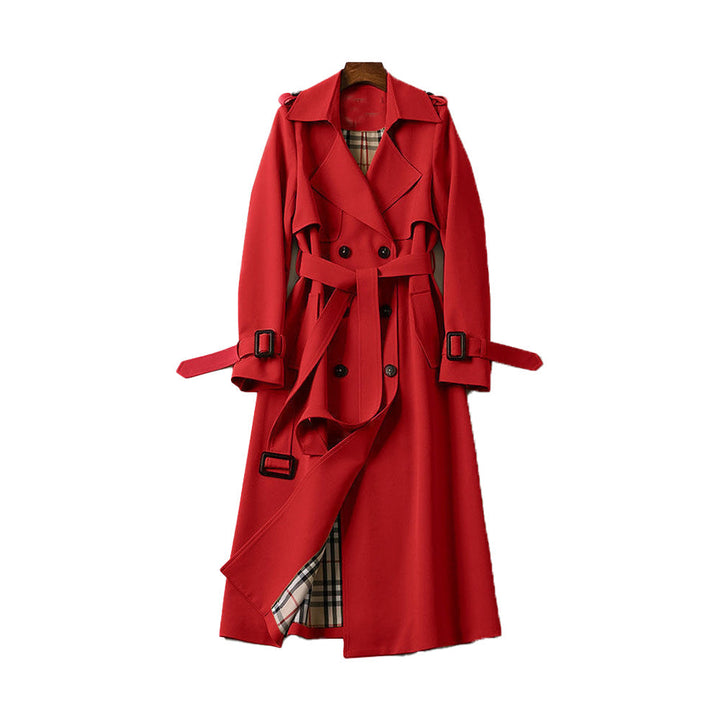 Women's long belted trench coat in a sophisticated classic style, double-breasted for winter outings.