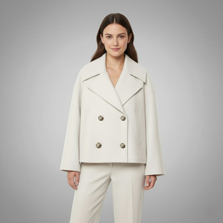 Women's classic double button short jacket, tailored, elegant, versatile outerwear for fashion.