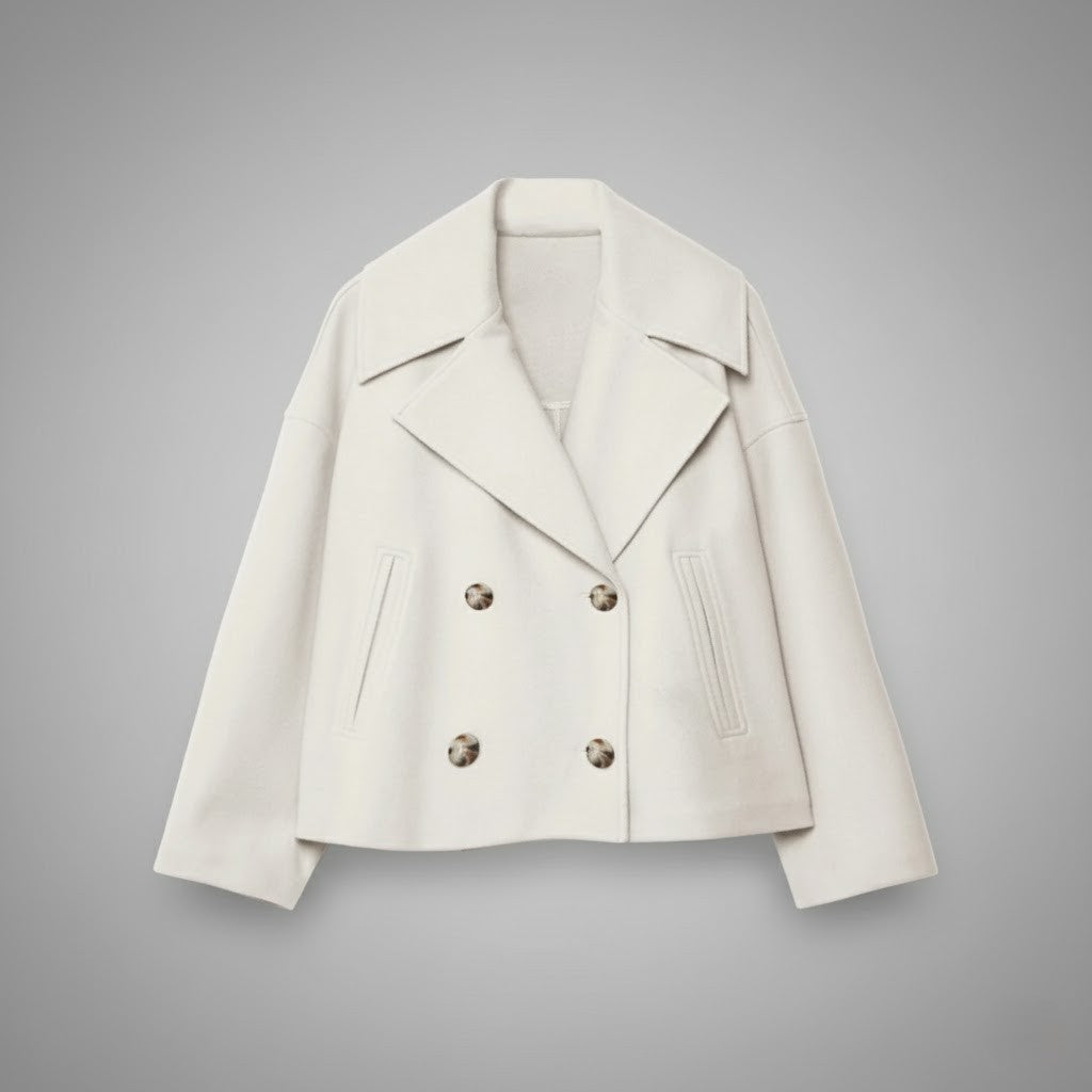 Cropped women's jacket with double-breasted buttons, classic style, perfect for everyday wear.