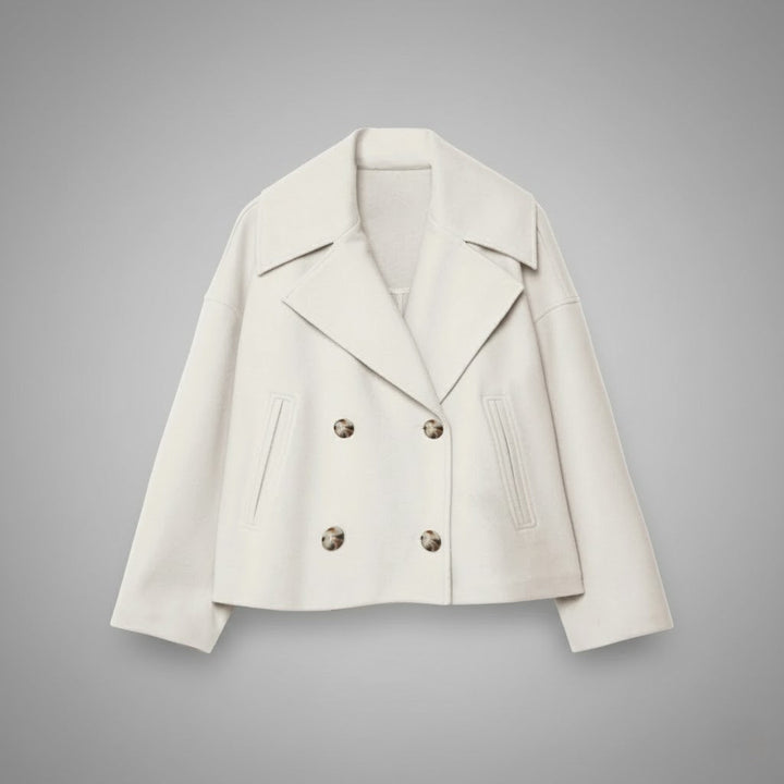 Cropped women's jacket with double-breasted buttons, classic style, perfect for everyday wear.