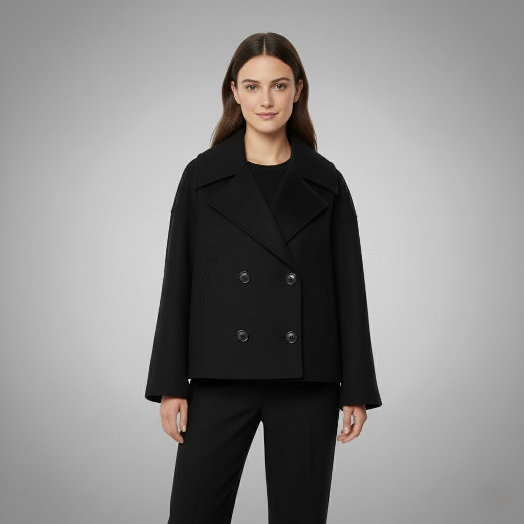 Classic double-button women's jacket, cropped length, ideal for chic and stylish outfits.