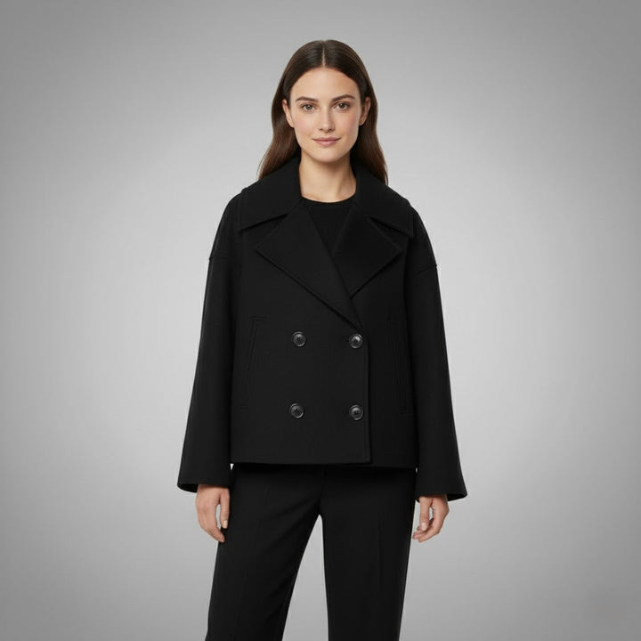 Classic double-button women's jacket, cropped length, ideal for chic and stylish outfits.