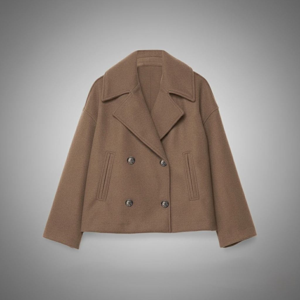 Stylish women's cropped jacket, double-breasted, classic design, ideal for various occasions.