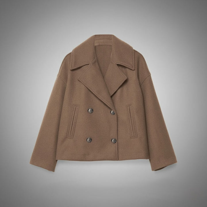 Stylish women's cropped jacket, double-breasted, classic design, ideal for various occasions.