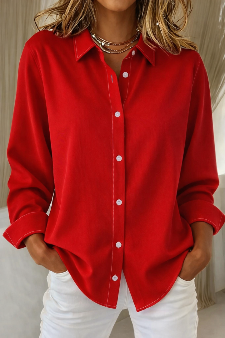 Versatile women's solid color long sleeve button-up shirt; an essential classic top for any wardrobe, casual or smart.