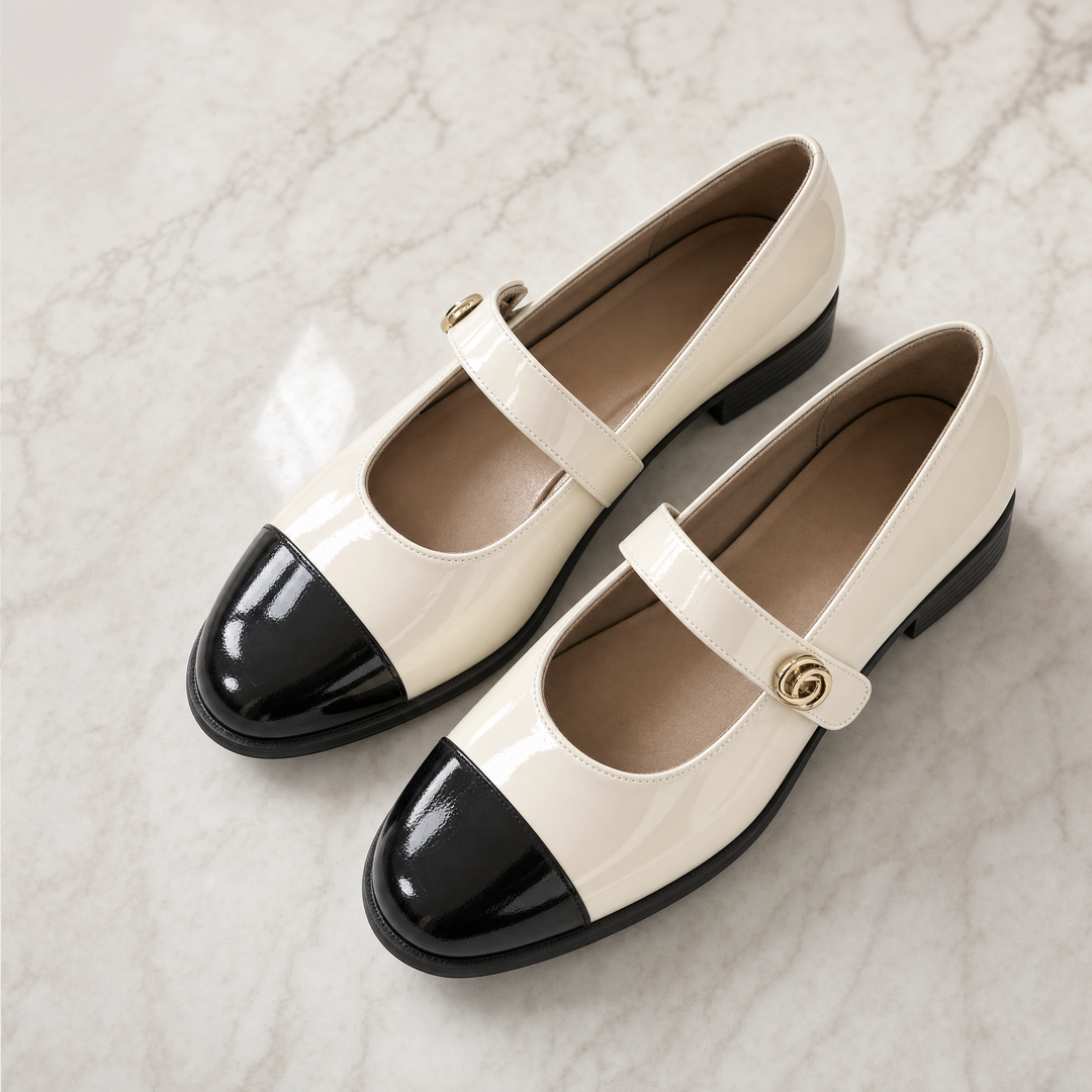 Black patent Mary Jane flats for women, featuring arch support & wide toe box.