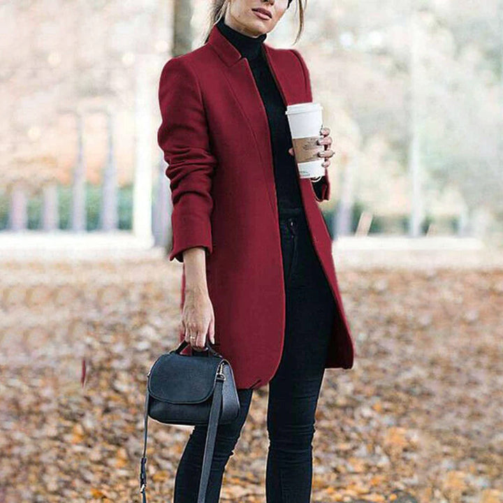 Wine red women's classic tailored lapel winter coat, a stylish and warm women's coat.