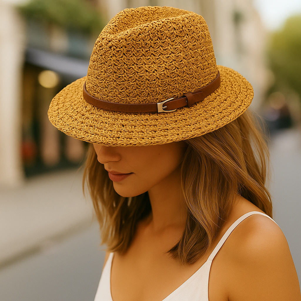 Women's classic woven fedora hat with elegant faux leather trim, perfect for summer fashion.