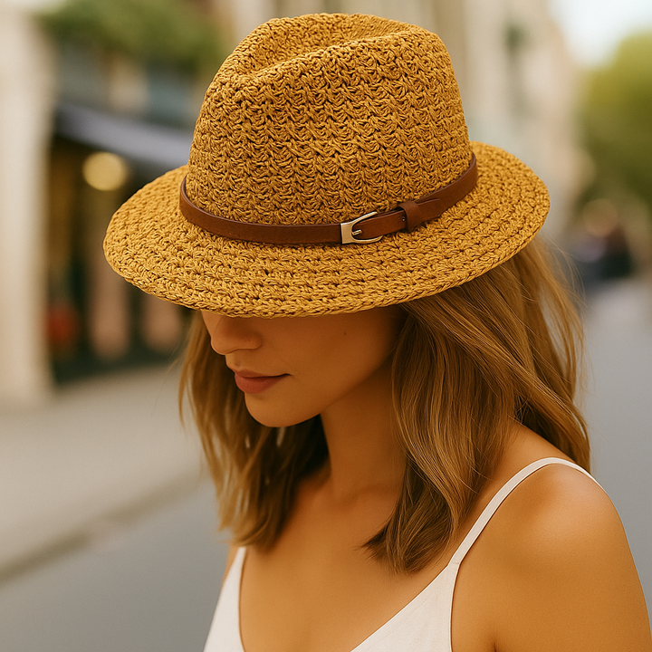 Women's classic woven fedora hat with elegant faux leather trim, perfect for summer fashion.