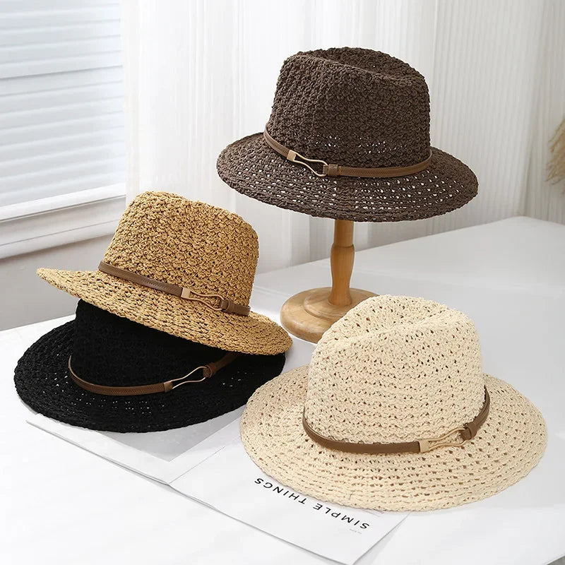 A women's woven fedora, merging classic style with a modern faux leather trim for outdoor wear.
