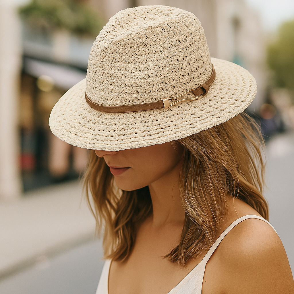 Stylish women's woven fedora, a versatile sun hat for beach and outdoor wear.