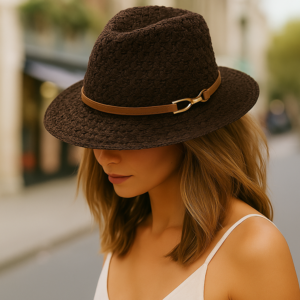 Close-up of a women's classic woven fedora adorned with a sophisticated faux leather band.