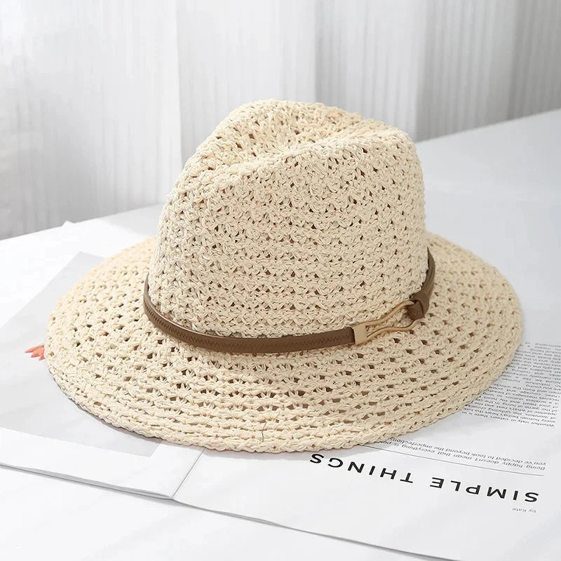 Detail of the woven texture on a women's classic fedora with its faux leather accent.