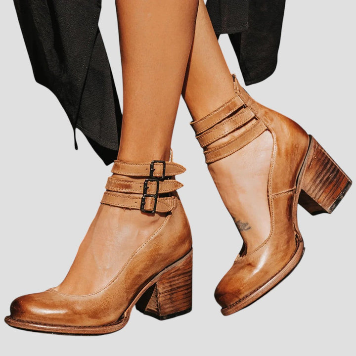 Comfortable women's closed toe block heels with stylish buckle strap, perfect versatile formal footwear.