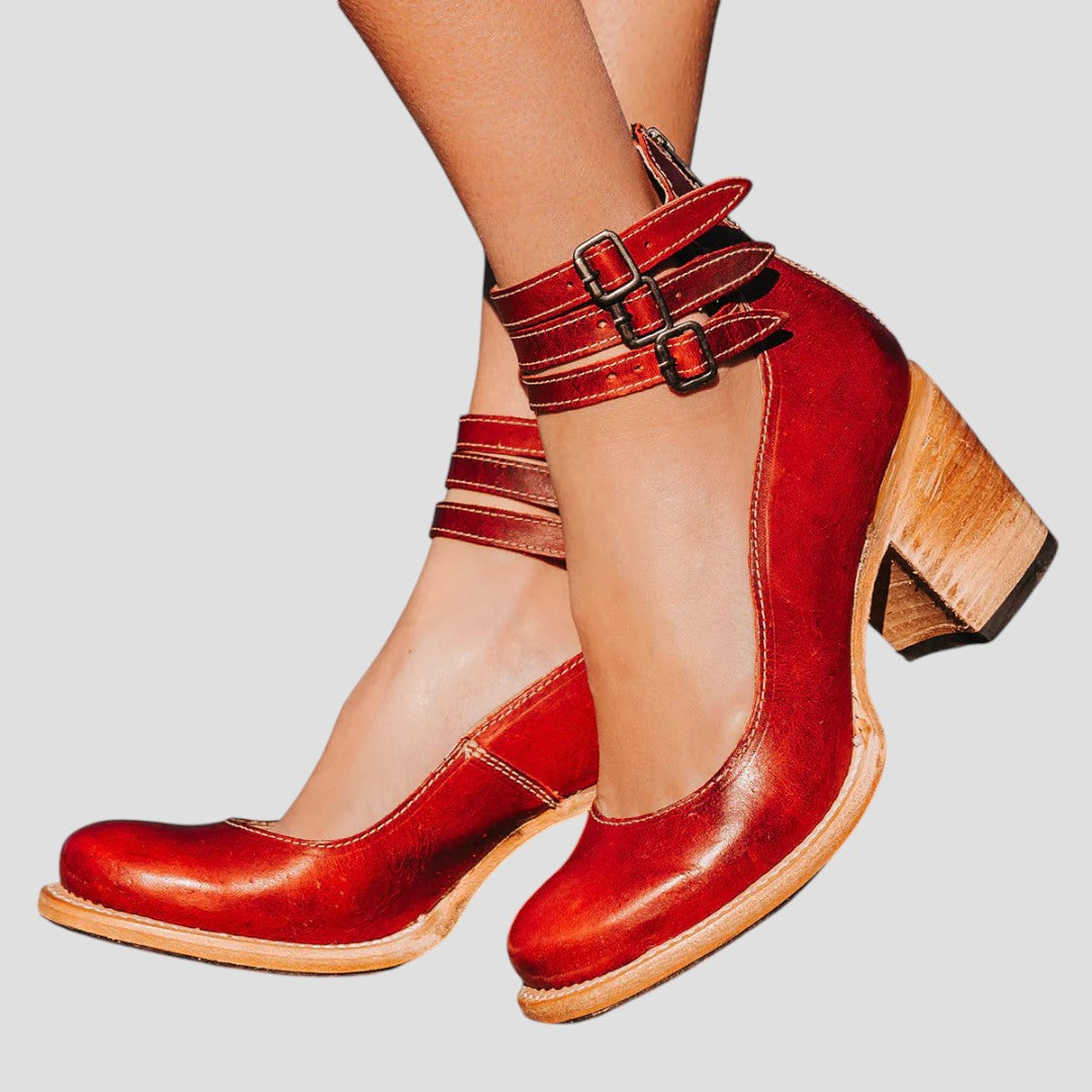 Classic closed toe block heels with buckle strap, great for office, evening, or sophisticated party looks.