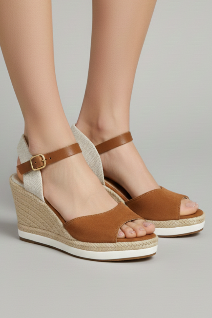 Chic women's closed-toe espadrille sandals, jute sole, buckle heel strap. Perfect casual summer footwear.